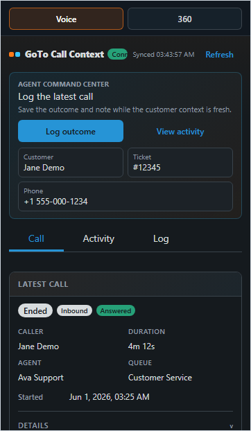 Voice-Tab mit Agent Command Center im dunklen Sidebar-Rahmen